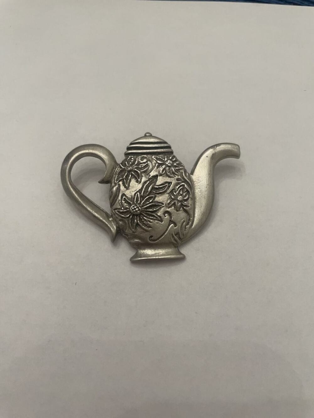 Vintage Floral Teapot Pewter Lapel Pin Brooch
